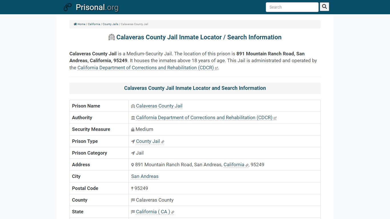 Calaveras County Jail-Inmate Locator/Search Info, Phone ...